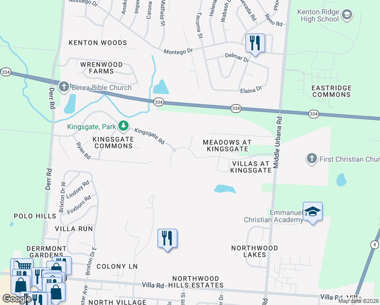 map of restaurants, bars, coffee shops, grocery stores, and more near 1486 Kingsgate Road in Springfield