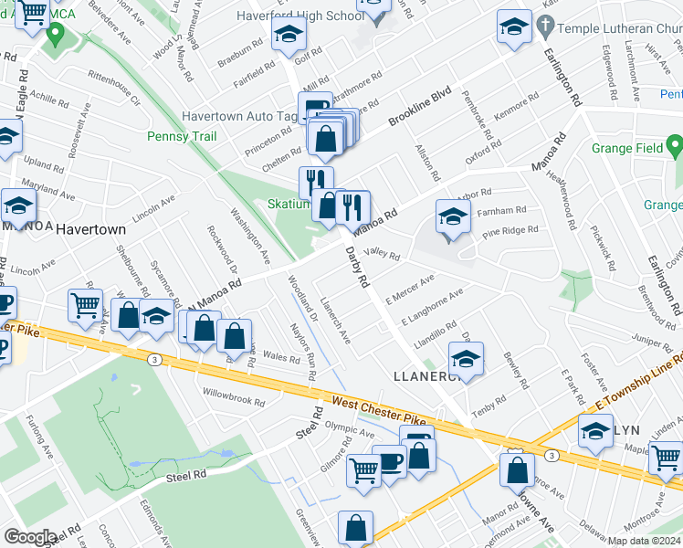map of restaurants, bars, coffee shops, grocery stores, and more near 19 Rodman Avenue in Havertown