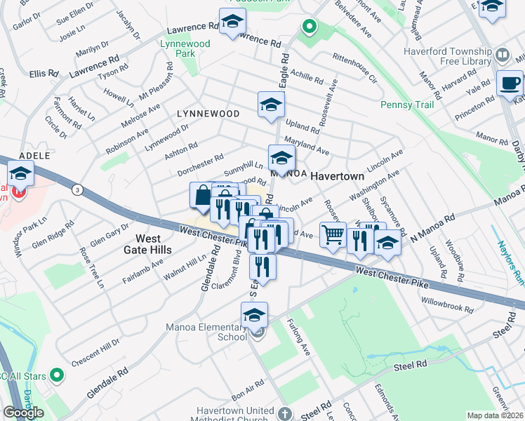 map of restaurants, bars, coffee shops, grocery stores, and more near 2 North Eagle Road in Havertown