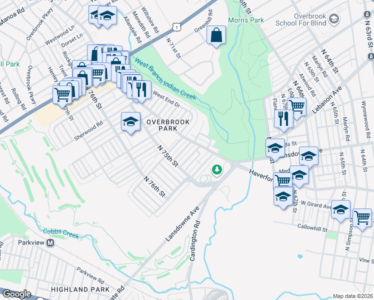 map of restaurants, bars, coffee shops, grocery stores, and more near 7407 Ruskin Road in Philadelphia