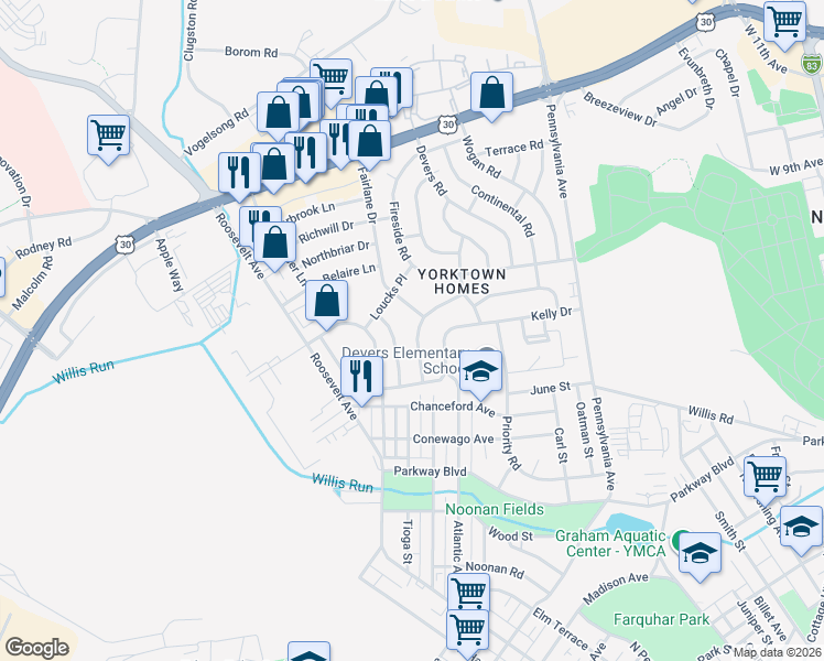 map of restaurants, bars, coffee shops, grocery stores, and more near 832 Gunnison Road in York