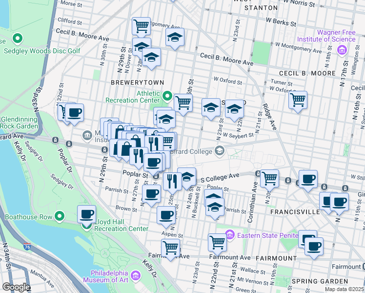map of restaurants, bars, coffee shops, grocery stores, and more near 1205 North 25th Street in Philadelphia