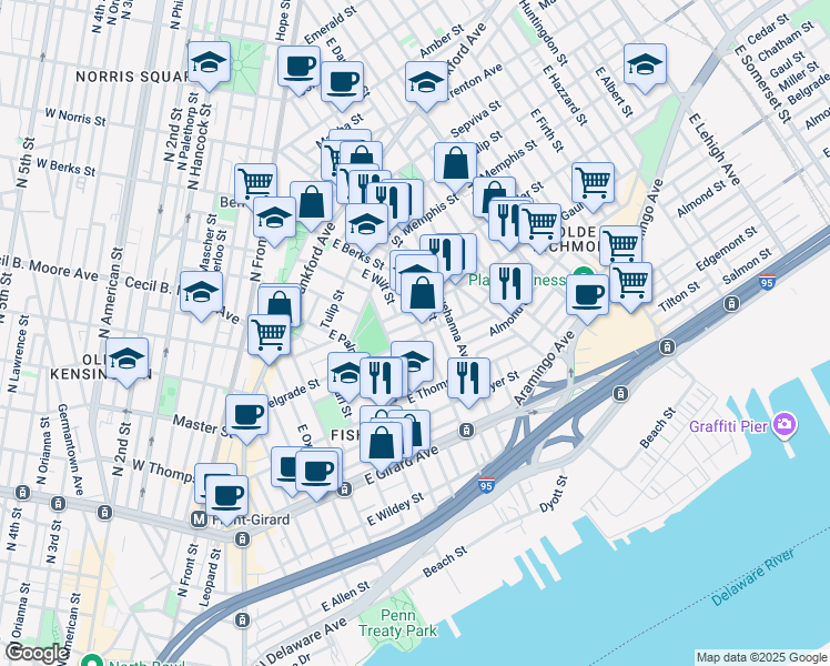 map of restaurants, bars, coffee shops, grocery stores, and more near 635 Belgrade Street in Philadelphia