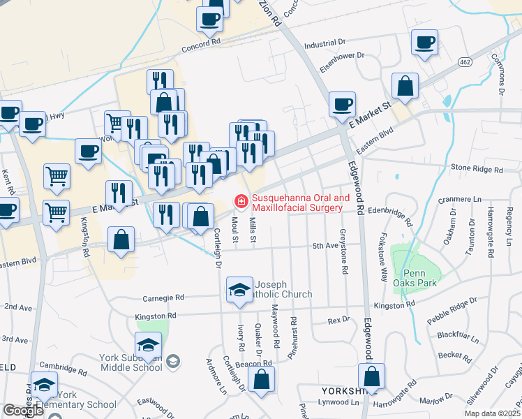 map of restaurants, bars, coffee shops, grocery stores, and more near 295 Mills Street in York