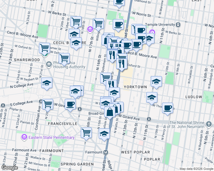 map of restaurants, bars, coffee shops, grocery stores, and more near in Philadelphia