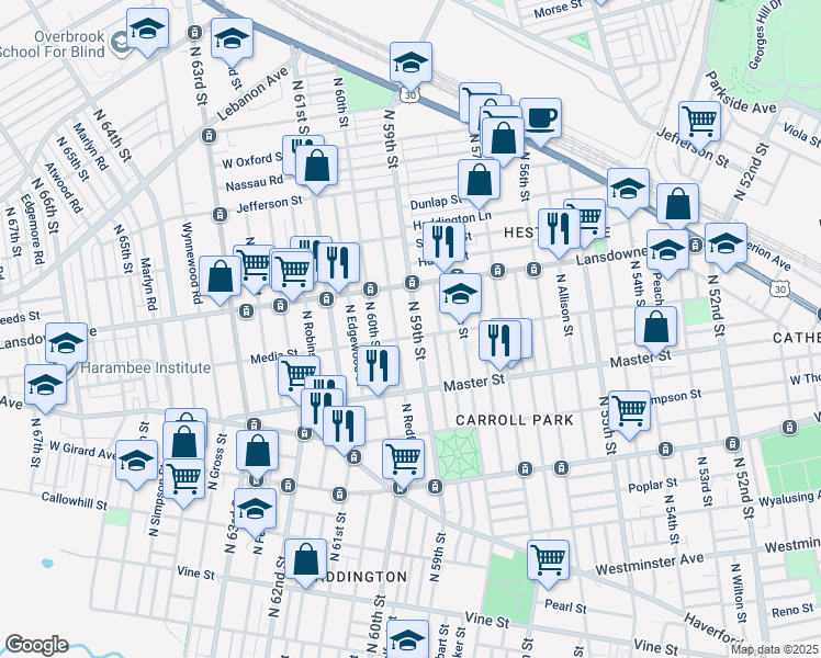 map of restaurants, bars, coffee shops, grocery stores, and more near 1506 North 59th Street in Philadelphia