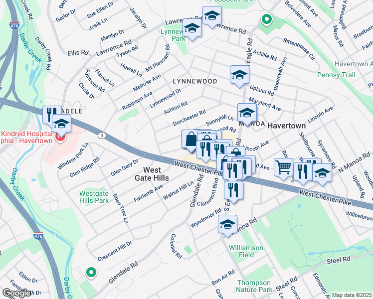 map of restaurants, bars, coffee shops, grocery stores, and more near 1511 Brierwood Road in Havertown