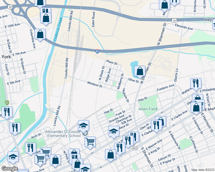 map of restaurants, bars, coffee shops, grocery stores, and more near 657 Windsor Street in York