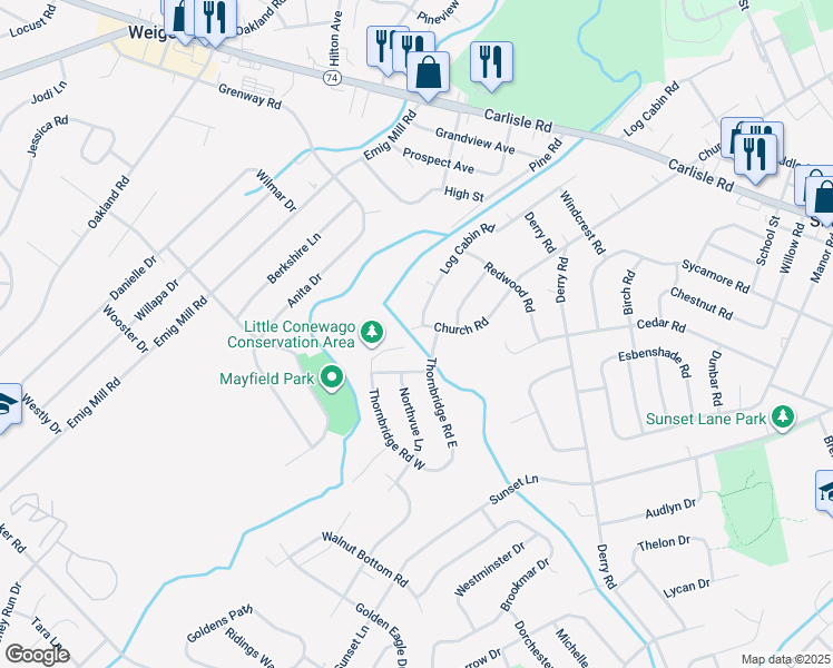 map of restaurants, bars, coffee shops, grocery stores, and more near 2640 Church Road in York