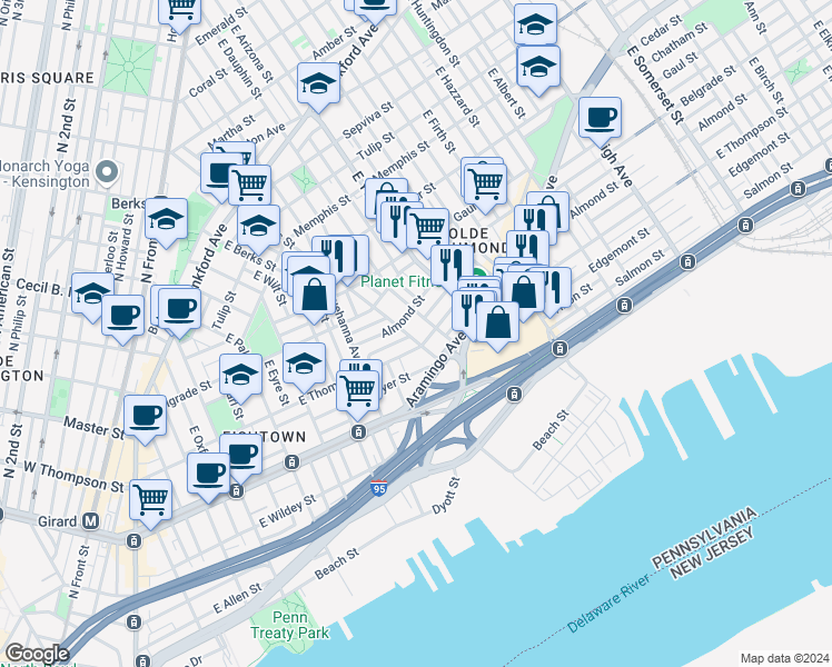 map of restaurants, bars, coffee shops, grocery stores, and more near 2623 East Norris Street in Philadelphia