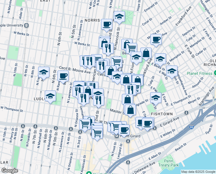 map of restaurants, bars, coffee shops, grocery stores, and more near 175 West Oxford Street in Philadelphia