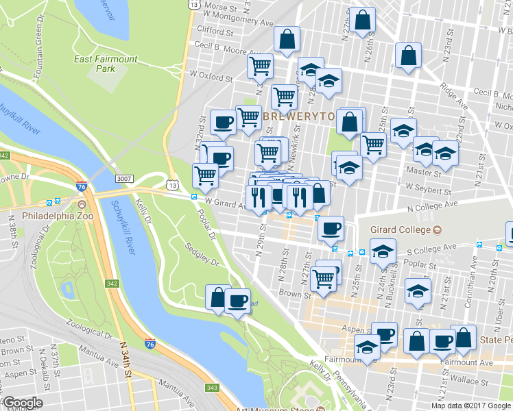 map of restaurants, bars, coffee shops, grocery stores, and more near 2919 West Girard Avenue in Philadelphia
