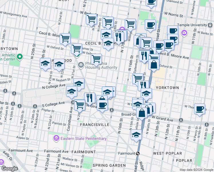 map of restaurants, bars, coffee shops, grocery stores, and more near 1325 North 18th Street in Philadelphia