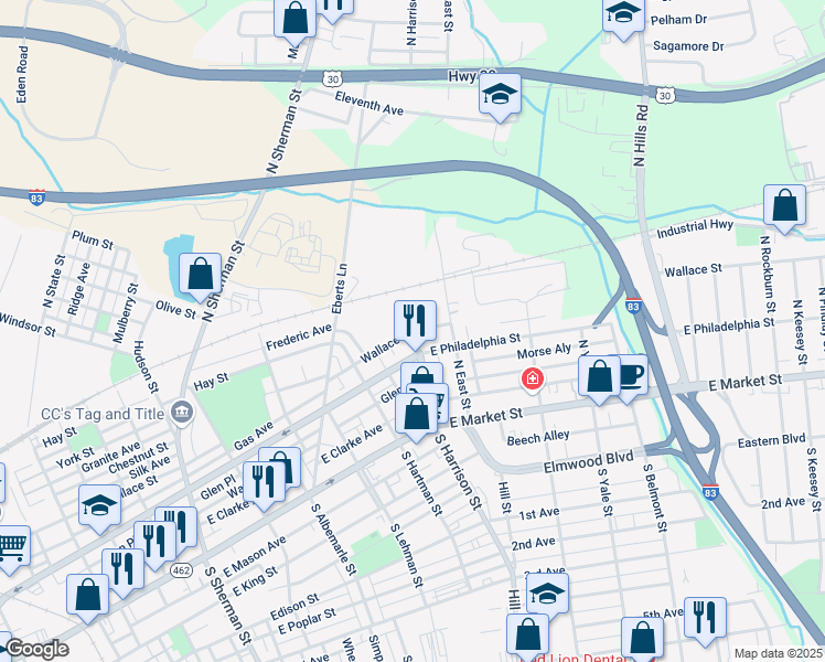 map of restaurants, bars, coffee shops, grocery stores, and more near 122 North Harrison Street in York