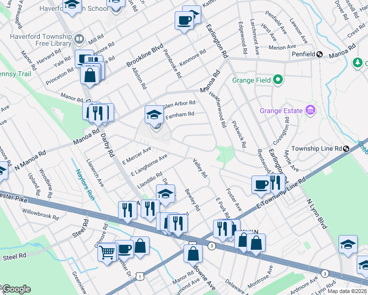 map of restaurants, bars, coffee shops, grocery stores, and more near 330 Twin Oaks Drive in Havertown