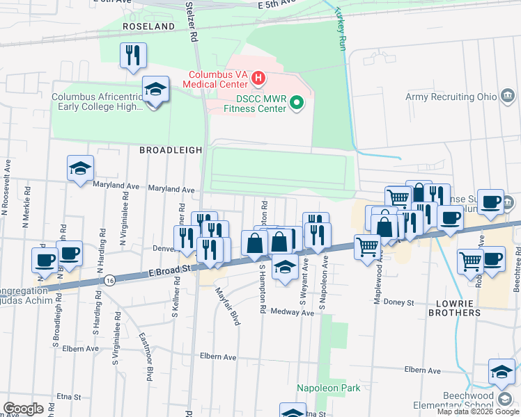 map of restaurants, bars, coffee shops, grocery stores, and more near 115 North Hampton Road in Columbus