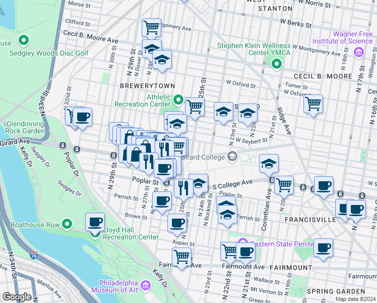 map of restaurants, bars, coffee shops, grocery stores, and more near 1234 N 25th St in Philadelphia