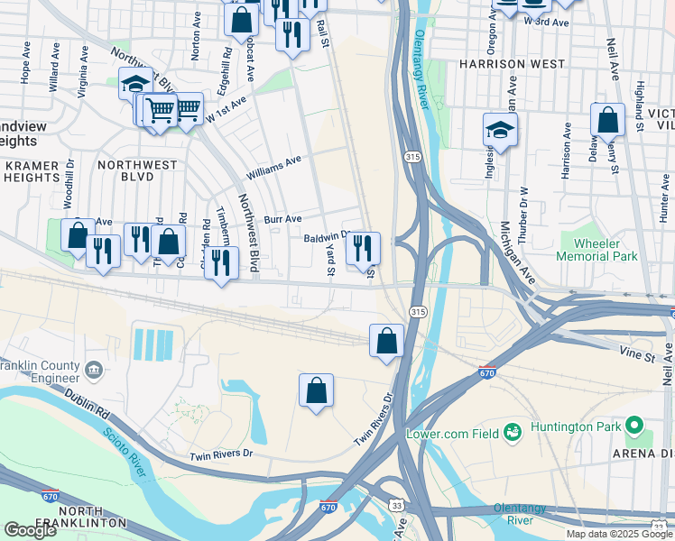 map of restaurants, bars, coffee shops, grocery stores, and more near 780 Yard Street in Grandview Heights