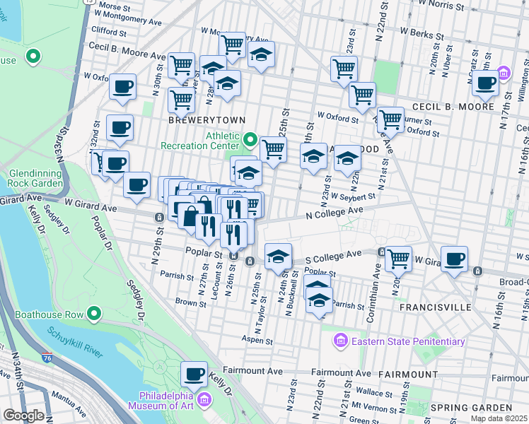 map of restaurants, bars, coffee shops, grocery stores, and more near 1234 N 25th St in Philadelphia