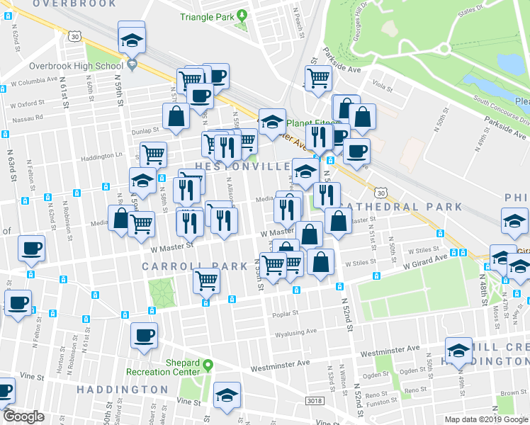 map of restaurants, bars, coffee shops, grocery stores, and more near 5435 Sharswood Street in Philadelphia