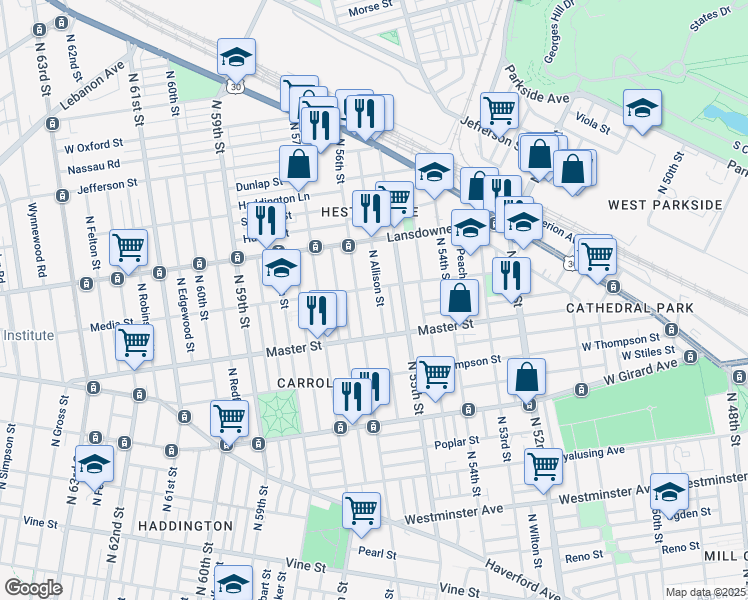 map of restaurants, bars, coffee shops, grocery stores, and more near 1452 North Allison Street in Philadelphia