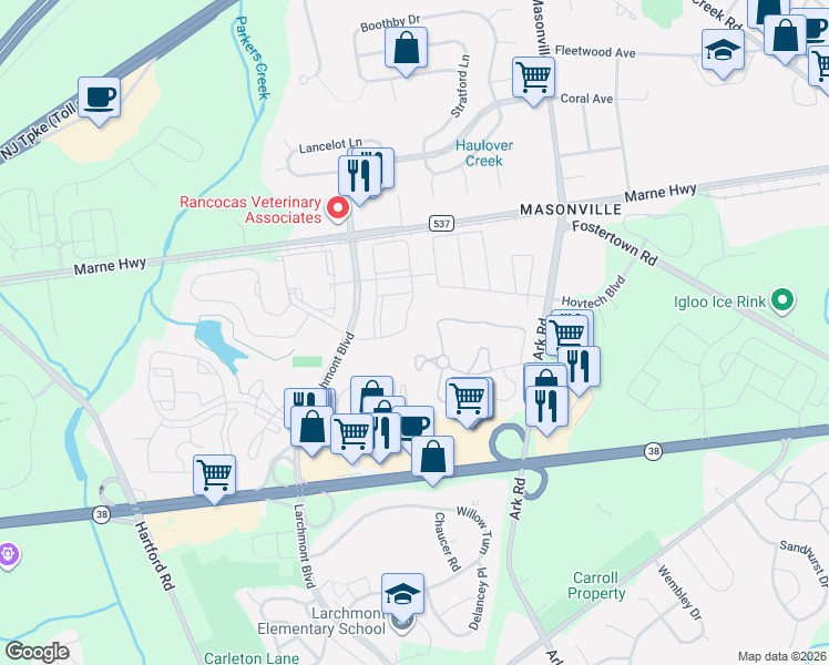 map of restaurants, bars, coffee shops, grocery stores, and more near 3907A Adelaide Drive in Mount Laurel Township