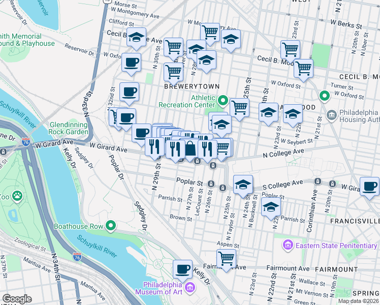 map of restaurants, bars, coffee shops, grocery stores, and more near 1227 North 28th Street in Philadelphia