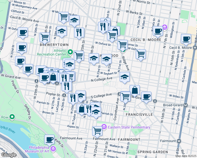 map of restaurants, bars, coffee shops, grocery stores, and more near 1260 North 23rd Street in Philadelphia