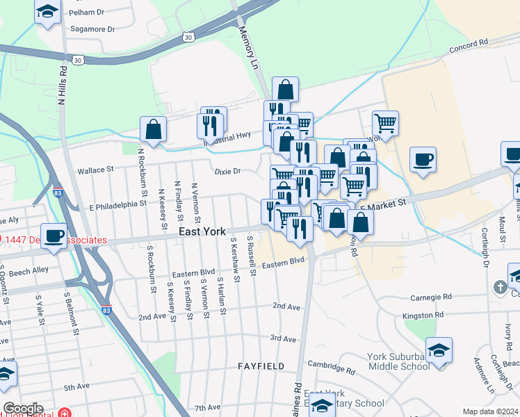 map of restaurants, bars, coffee shops, grocery stores, and more near 24 North Royal Street in East York