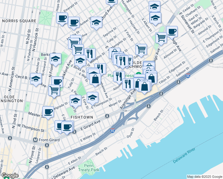 map of restaurants, bars, coffee shops, grocery stores, and more near 2556 East Norris Street in Philadelphia