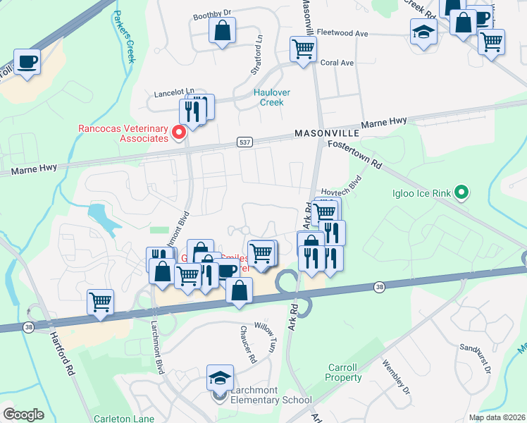 map of restaurants, bars, coffee shops, grocery stores, and more near 4705A Adelaide Drive in Mount Laurel