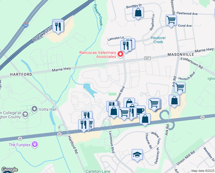 map of restaurants, bars, coffee shops, grocery stores, and more near 8403 Normandy Drive in Mount Laurel Township