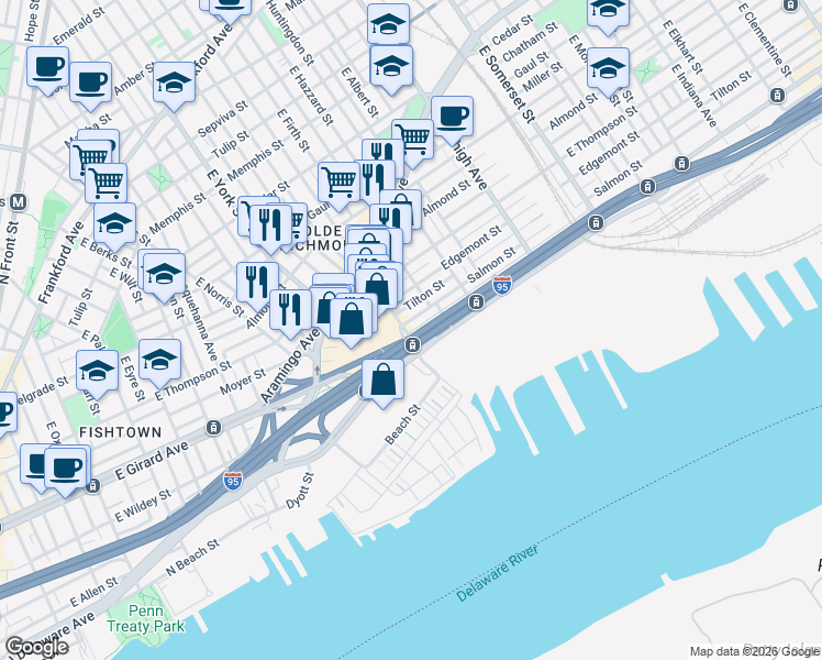 map of restaurants, bars, coffee shops, grocery stores, and more near 2721 East Cumberland Street in Philadelphia