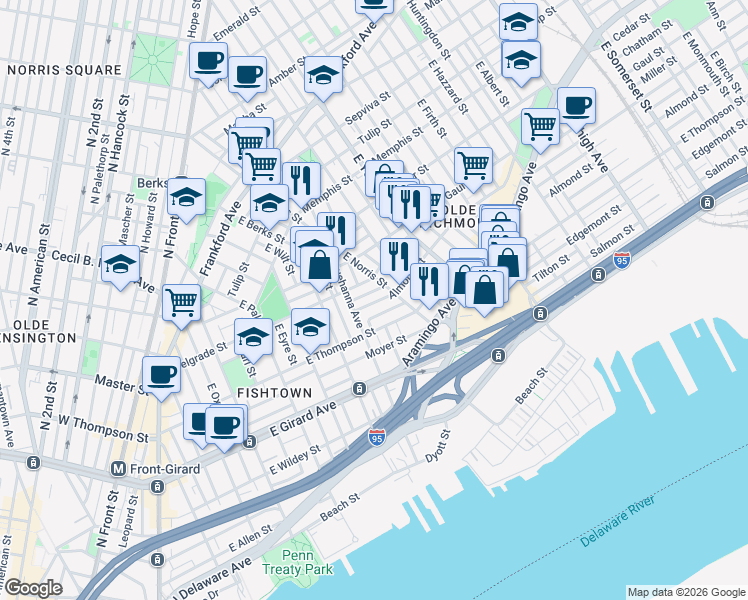 map of restaurants, bars, coffee shops, grocery stores, and more near 827 Almond Street in Philadelphia
