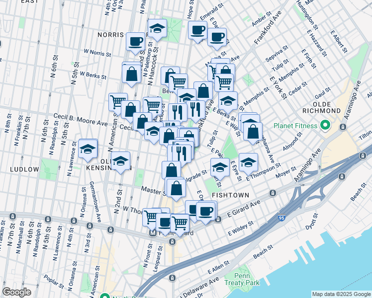 map of restaurants, bars, coffee shops, grocery stores, and more near 1712 Frankford Avenue in Philadelphia