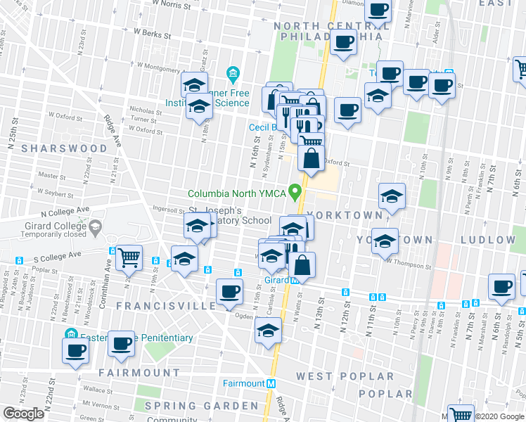 map of restaurants, bars, coffee shops, grocery stores, and more near in Philadelphia