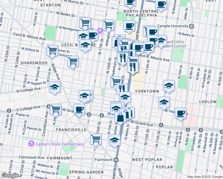 map of restaurants, bars, coffee shops, grocery stores, and more near in Philadelphia
