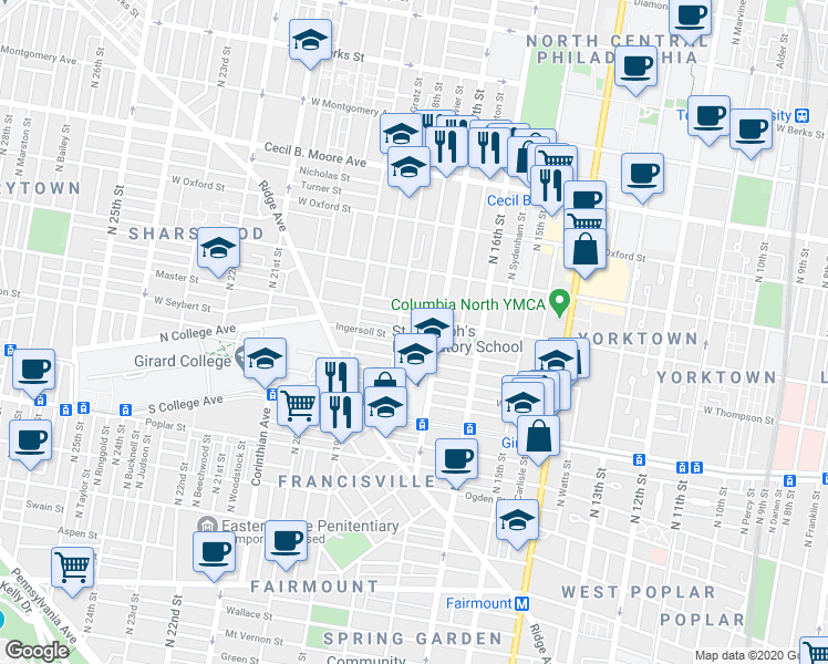 map of restaurants, bars, coffee shops, grocery stores, and more near 1730 Master Street in Philadelphia