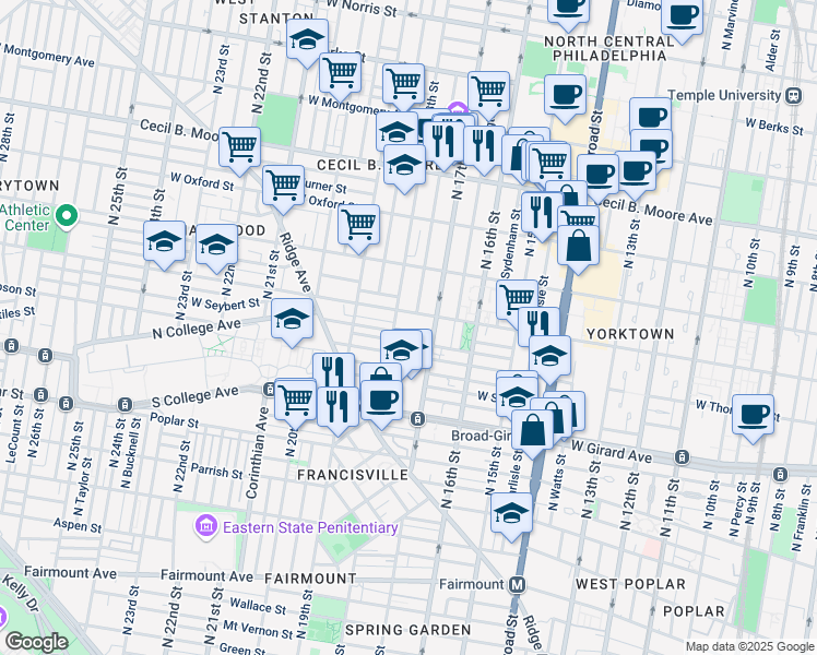 map of restaurants, bars, coffee shops, grocery stores, and more near 1730 Master Street in Philadelphia