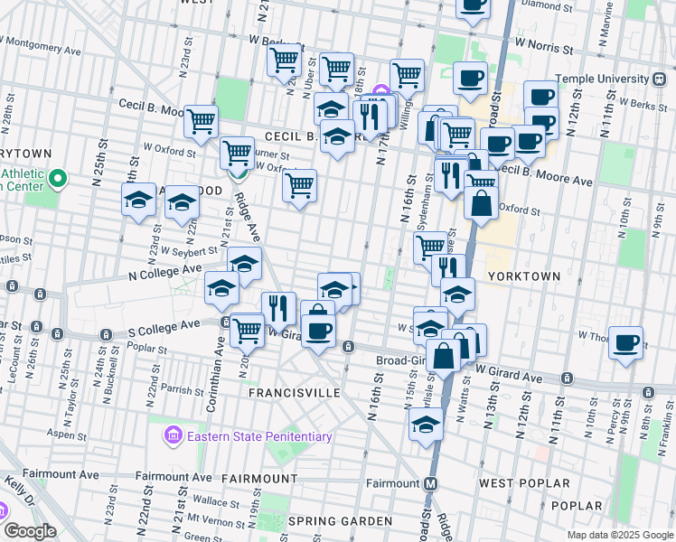 map of restaurants, bars, coffee shops, grocery stores, and more near 1730 Master Street in Philadelphia
