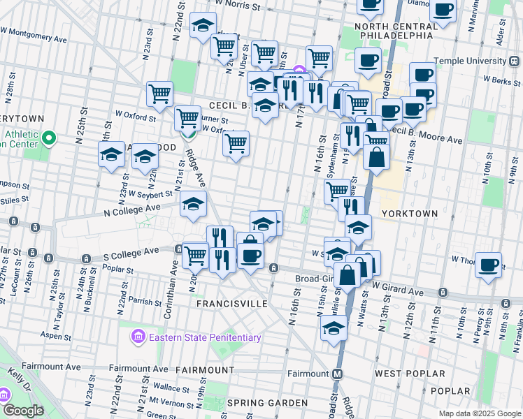 map of restaurants, bars, coffee shops, grocery stores, and more near 1730 Master Street in Philadelphia