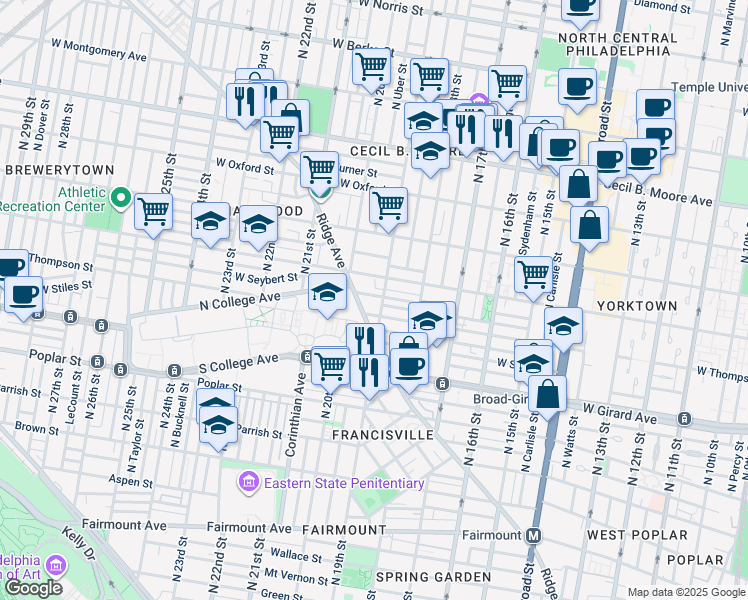 map of restaurants, bars, coffee shops, grocery stores, and more near 1949 Ridge Avenue in Philadelphia