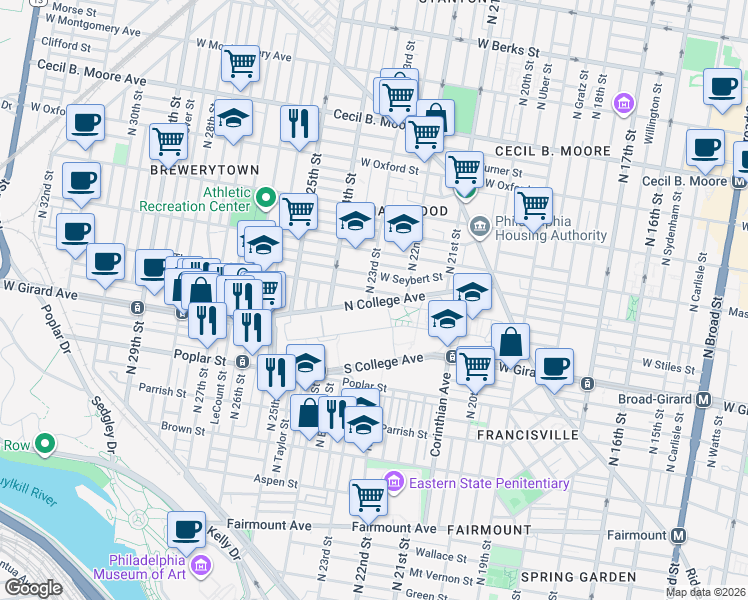 map of restaurants, bars, coffee shops, grocery stores, and more near 1260 North 23rd Street in Philadelphia