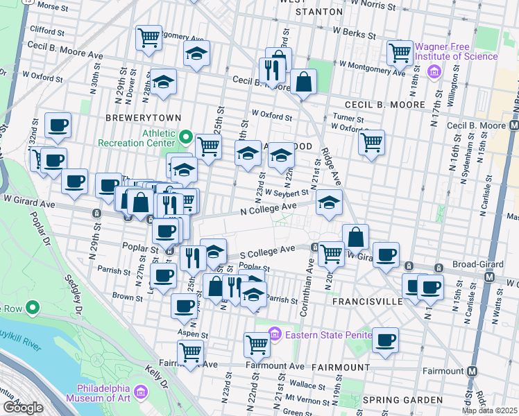 map of restaurants, bars, coffee shops, grocery stores, and more near 1260 North 23rd Street in Philadelphia