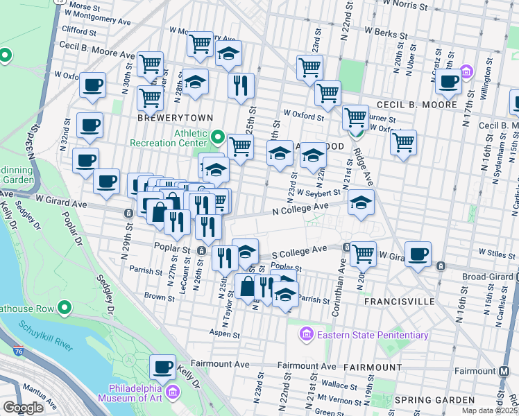 map of restaurants, bars, coffee shops, grocery stores, and more near 1210 North 24th Street in Philadelphia