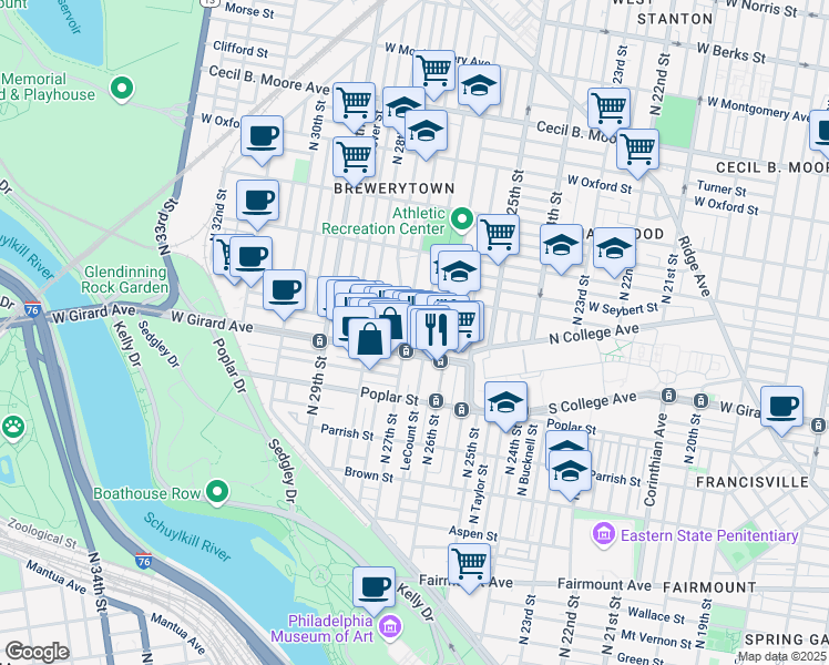 map of restaurants, bars, coffee shops, grocery stores, and more near 1237 North 27th Street in Philadelphia