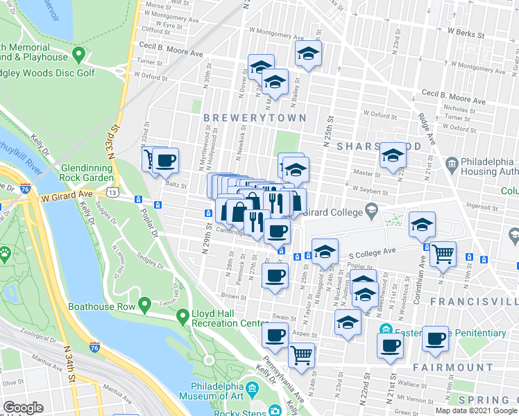 map of restaurants, bars, coffee shops, grocery stores, and more near 1237 North 27th Street in Philadelphia