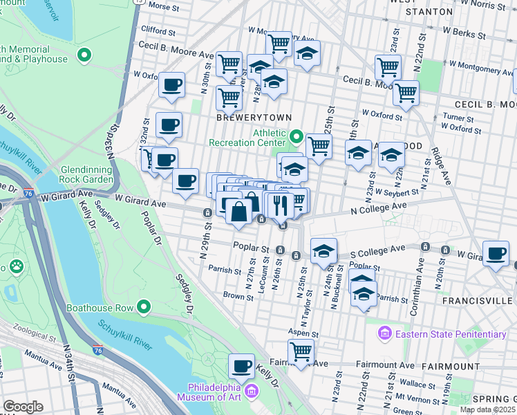 map of restaurants, bars, coffee shops, grocery stores, and more near 1237 North 27th Street in Philadelphia