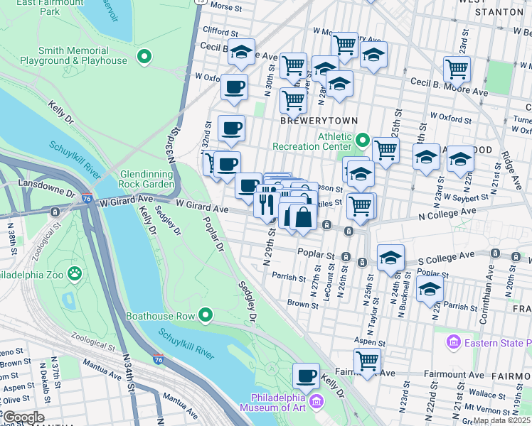 map of restaurants, bars, coffee shops, grocery stores, and more near 2949 West Girard Avenue in Philadelphia