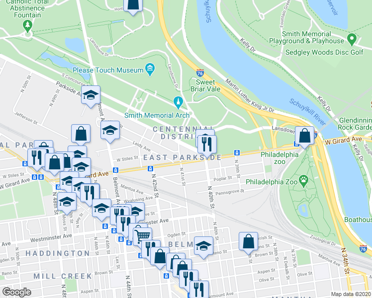 map of restaurants, bars, coffee shops, grocery stores, and more near 4044 Parkside Avenue in Philadelphia
